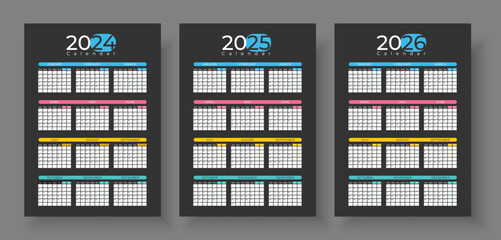 Calendar 2024, 2025, 2026 years. Vector. Week starts Sunday. Stationery template with 12 months