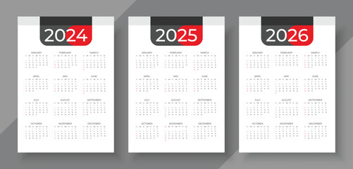 Calendar 2024, 2025, 2026. Simple vertical calendar design template. Week starts on Sunday