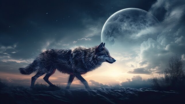 A full moon on a horizon, with a wolf dancing