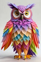 Obraz premium Discover the vibrant charm of a colorful Kirigami owl against a clean white background. Captivating paper art for nature and craft enthusiasts.