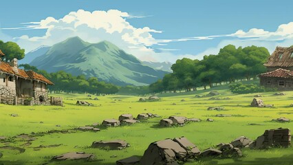 ruin of the ancient village near the mountain suitable for anime footage