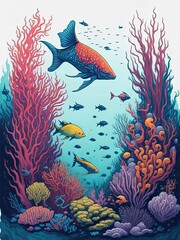 Fototapeta na wymiar fantastic beasts in the sea, Underwater world, fantacsy, watercolor colorful