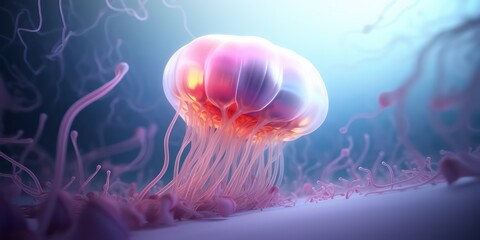 Orange neon jellyfish in soft blue light at the bottom of the ocean. AI generation 
