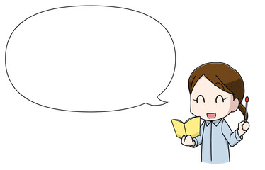 指示棒を持った笑顔の女性教師のイラスト・フキダシ付き