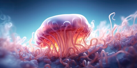 Fototapeta na wymiar Orange neon jellyfish with long tentacles in soft blue light on the ocean floor. AI generation 
