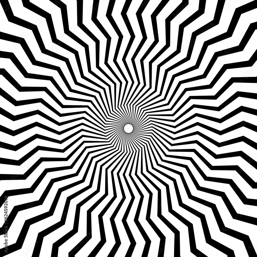 Poster Optical illusion background. Black and white abstract distorted zigzag lines surface. Radial wave poster design. Hypnotic spiral illusion wallpaper. Vector illustration