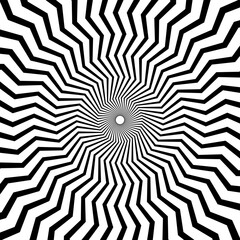 Optical illusion background. Black and white abstract distorted zigzag lines surface. Radial wave poster design. Hypnotic spiral illusion wallpaper. Vector illustration