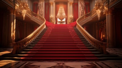 Red glowing carpet and ceremonial VIP staircase, close up. VIP luxury entrance with red carpet. interior of the palace
