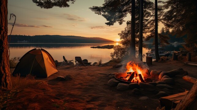 camping tent and campfire in the woods on the shore of the lake