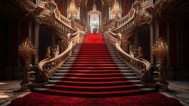 Red glowing carpet and ceremonial VIP staircase, close up. VIP luxury entrance with red carpet. interior of the palace