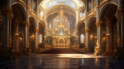Fototapeta na wymiar A realistic fantasy interior of the royal palace. golden palace. castle interior