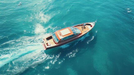 Aerial view of a luxury motor boat. Speed boat on the azure sea in turquoise blue water