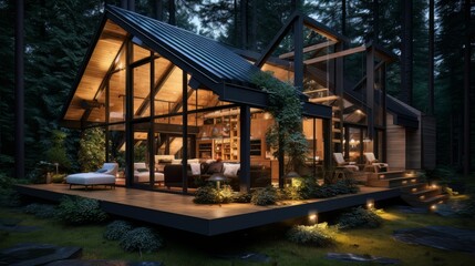 Obraz premium Modern luxury villa exterior in minimal style for luxury glamping. Glass cottage in the woods at night. Modern cabin house in deep forest 