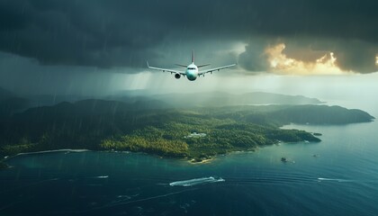 Fototapeta na wymiar airplane flyover the island and ocean