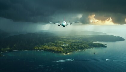 Fototapeta premium airplane flyover the island and ocean