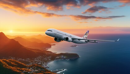 Fototapeta na wymiar airplane flyover the island and ocean