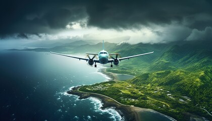 Naklejka premium airplane flyover the island and ocean