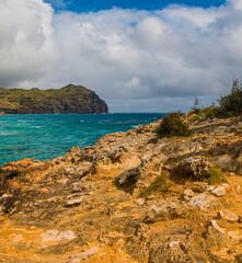 Kamala Point With The The Haupu Mountain Range On The Maha'ulepe Heritage Trail, Near Poipu, Kauai, Hawaii, USA