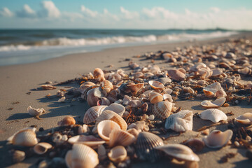 Fototapeta na wymiar Beautiful sand beach with a starfishes and seashells, created with Generative AI