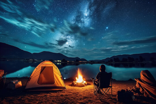 Tourists sit around a brightly blazing campfire near tents under a night sky filled with bright stars