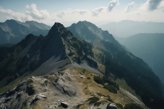 A stunning aerial video of a mountainous landscape on a beautiful day with birds flying around. Generative AI