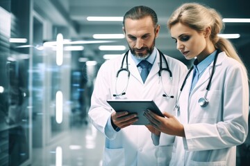 Male And Female Doctors Having Informal Meeting In Modern Hospital Looking At Digital Tablet. Generative AI