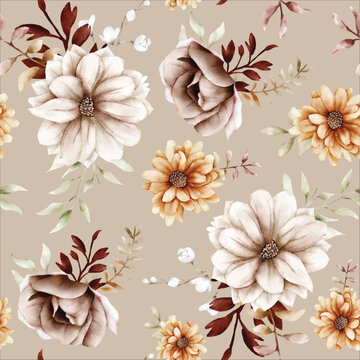 Watercolor autumn flower and leaves seamless pattern