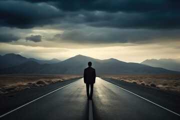 Fototapeta na wymiar Lonely man walking down a long road. Generative AI