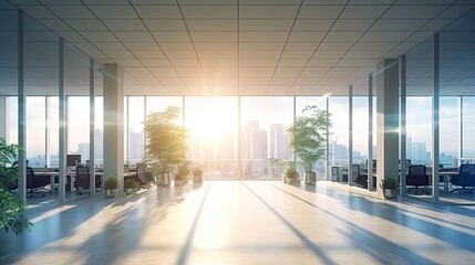 Beautiful blurred background of a light modern office interior with panoramic windows and beautiful lighting