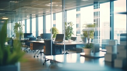 Naklejka na ściany i meble Beautiful blurred background of a light modern office interior with panoramic windows and beautiful lighting