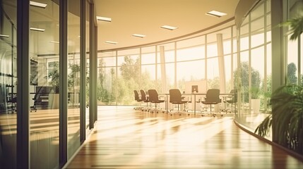 Beautiful blurred background of a light modern office interior with panoramic windows and beautiful lighting