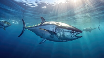 Tuna fish in the ocean. School of tuna fish in the ocean. Tuna. Generative Ai.