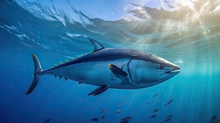 Fototapeta premium Tuna fish in the ocean. School of tuna fish in the ocean. Tuna. Generative Ai.
