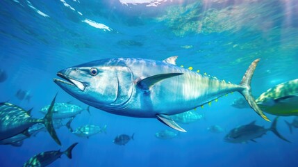 Fototapeta premium Tuna fish in the ocean. School of tuna fish in the ocean. Tuna. Generative Ai.