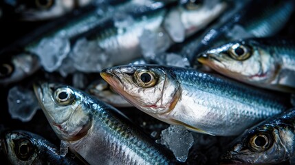 Sardines fish on ice in the market. Sardine fish. Generative Ai