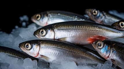 Sardines fish on ice in the market. Sardine fish. Generative Ai