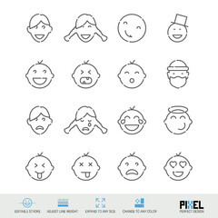 Emoticons related vector line icon set isolated on white