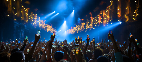 A crowd of people at a live event, concert or party holding hands and smartphones up
