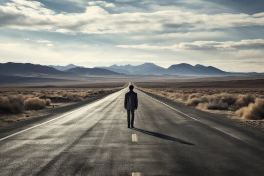 Lonely Man Walking Down A Long Road. Generative AI