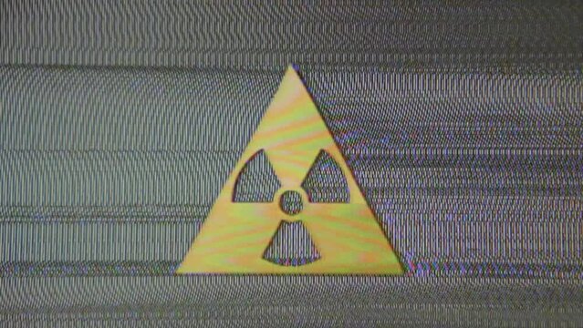 NUCLEAR WARNING visual sign, glitch symbol, static noise, interference, VHS, flickering, damaged tape, glitch art, vaporwave retro vintage 90s 80s aesthetic radioactive danger trippy yellow triangle