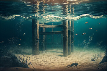Old pier, pier, view from under the water