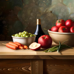 still life with vegetables and wine