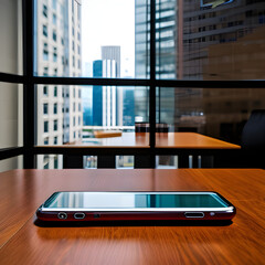 Teléfono móvil sobre una mesa frente a una ventana en la que se refleja en el cristal y de fondo se ven edificios a través de la ventana 