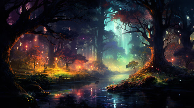 fantasy forest fairy tale background. woods with colorful lighting. dreamy landscape scene. generative AI