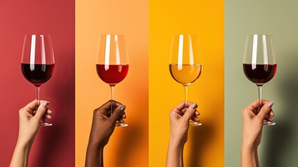 Collage of female hands holding bottle and glasses of wine on color background . generative ai. 
