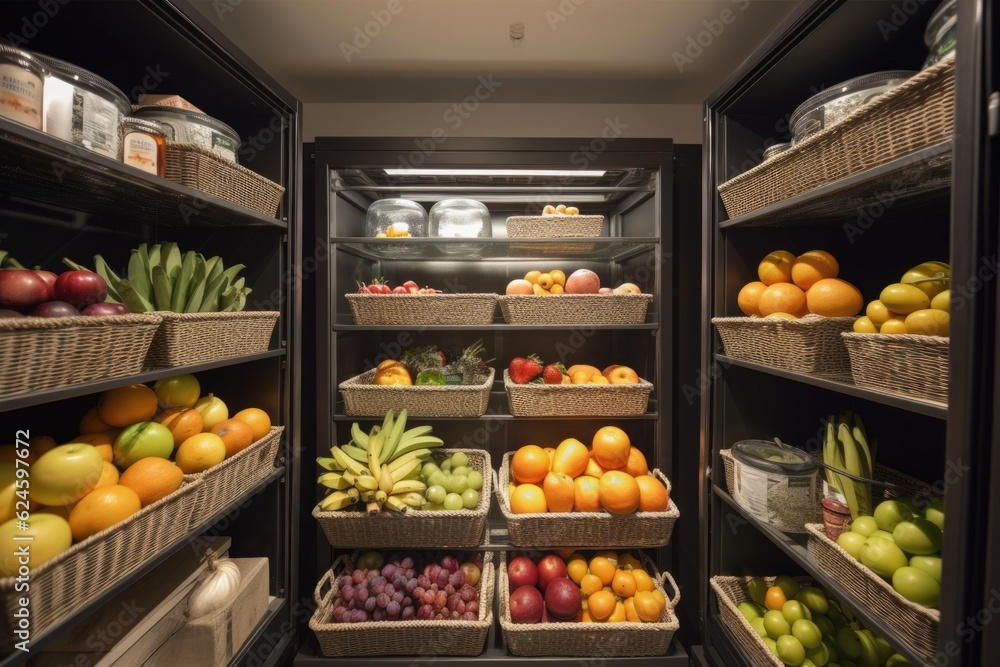 Canvas Prints walk-in refrigerator with a variety of fruits and vegetables in baskets, created with generative ai