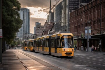 Fototapeta premium tram stop in bustling city, with view of towering buildings and busy street, created with generative ai