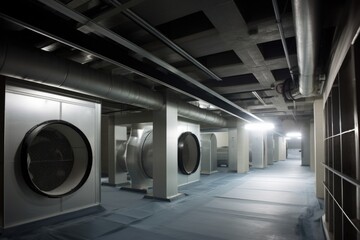 ventilation shaft, with fans and ductwork visible, in high-tech laboratory, created with generative ai
