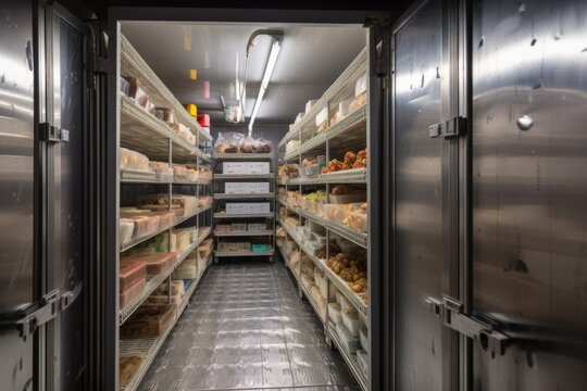 walk-in freezer, filled with block of ice and frozen foods, created with generative ai