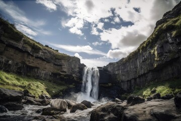 waterfall, with view of the sky and clouds in the background, created with generative ai